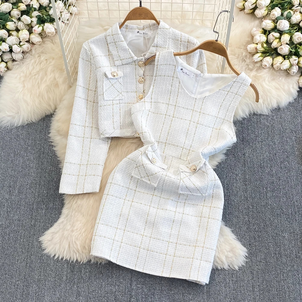 Xiaoxiangfeng celebrity temperament long-sleeved tweed jacket two-piece waist vest hip-covering dress for women 240824
