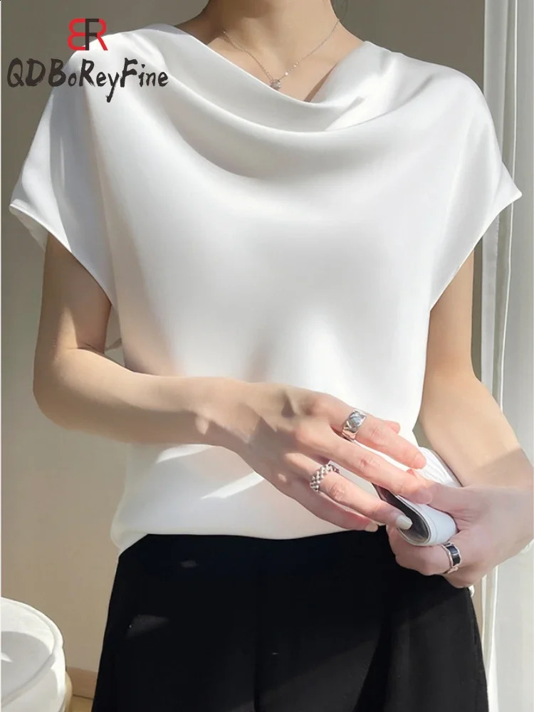 Elegant Womens Tshirt Summer Satin Short Sleeve Swinging Neck Basic White Shirt Office Casual Top 240823