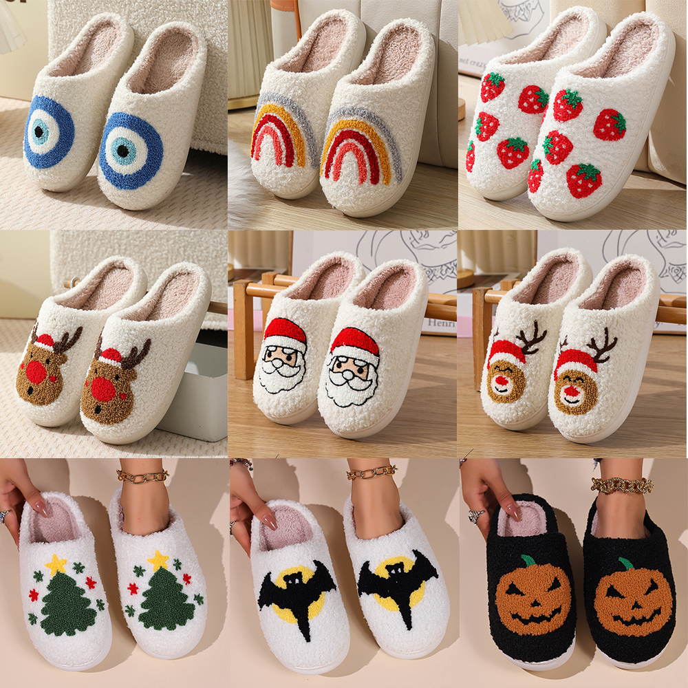 Designer Fashion Cartoon Pattern Slippers Women Plush Winter Comfortable Warm Flat Slipper Smiley Face Christmas Halloween Skull Ladies Classic Slippe