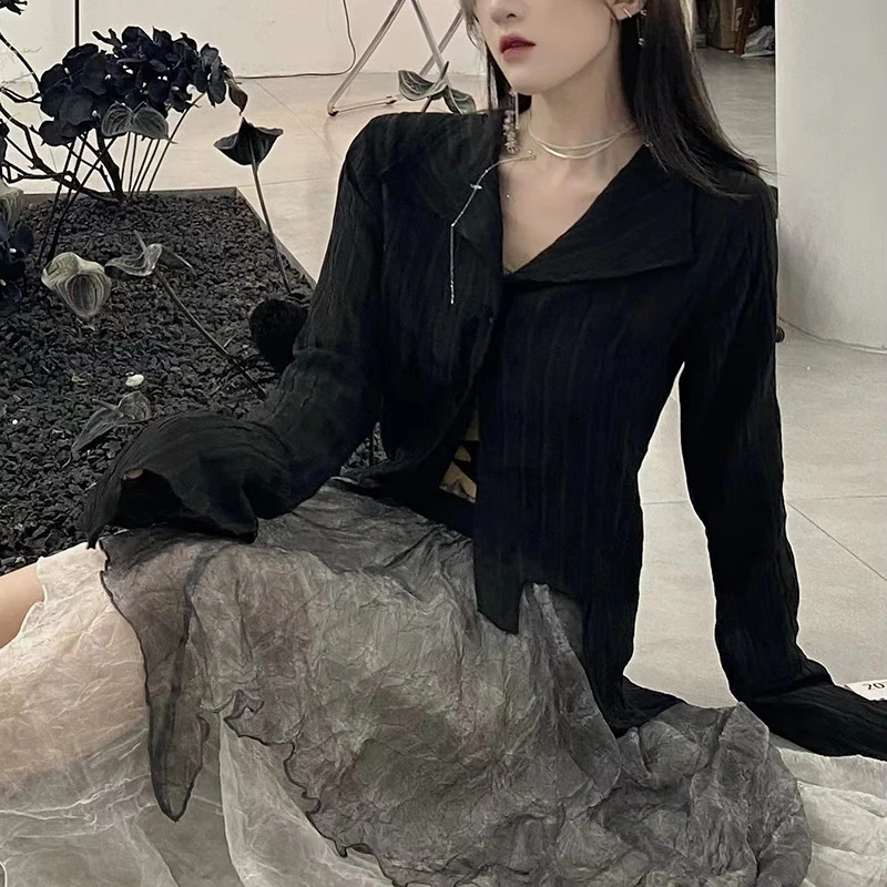 Gothic Women Black Shirts Korean Dark Academic Female ned Irregular Tops Spring Fashion Streetwear Y2K Blouse 240823