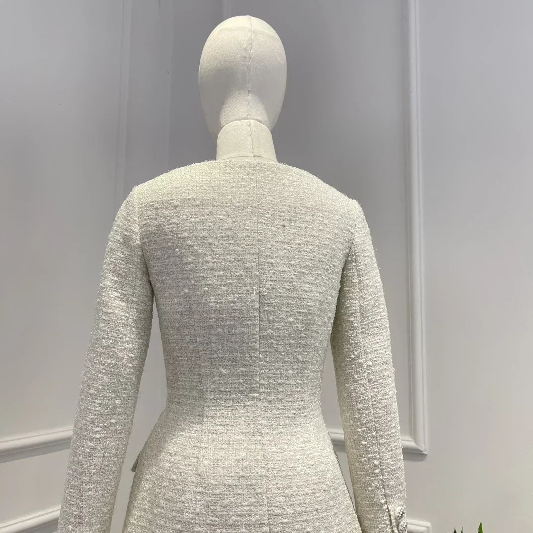 Spring Top Quality Beige Long Sleeve High Waist Double Breasted Tweed Elegant Mini Dress for Women 240824