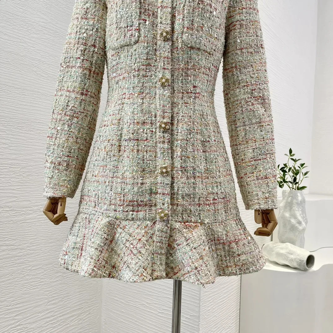Elegant Advanced Tweed V-neck Long Sleeve Mini Mermaid Dress for Women 240824