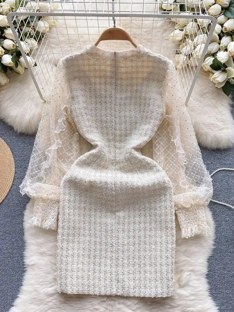 Spring Elegant Beige Lace Mesh Plaid Embroidery Ruffles Long Sleeve Stitching Tweed Bow Pearls Beading Woolen Mini Dresses 240824