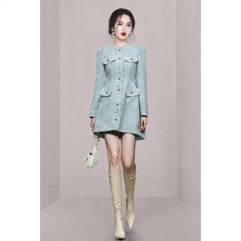 Blue womens long sleeved tweed dress autumn/winter small fragrant style waist cinching temperament tassel dress 240824