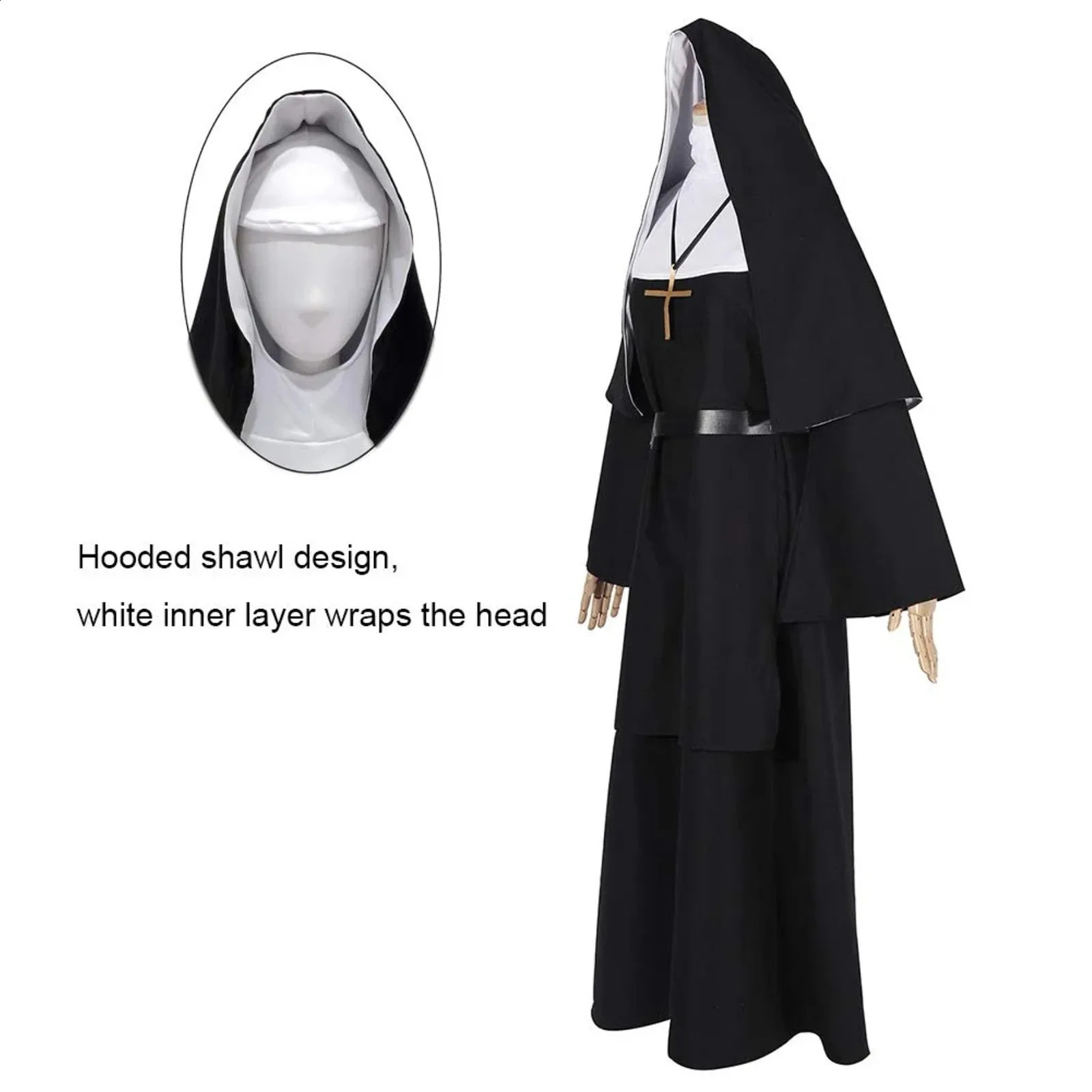 Halloween Nun cosplay costume set of 4 with Cape Town necklace classic trend used for makeup party gifts 240823