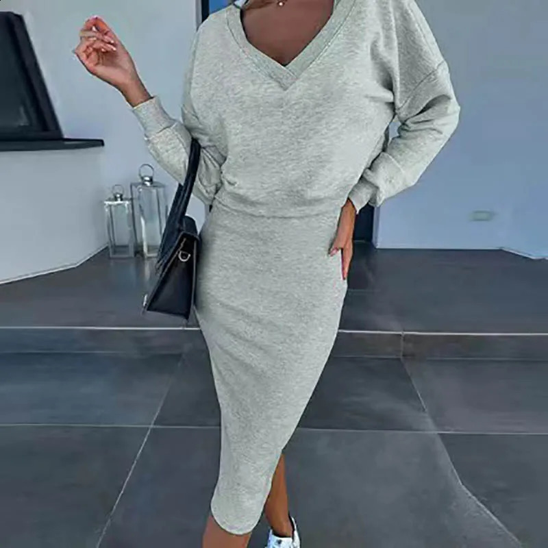 Women Autumn Two Piece Sets Dress Elegant Sexy V Neck Long Sleeve Sweatshirts And Long Dress Female solid color outfit set 240823