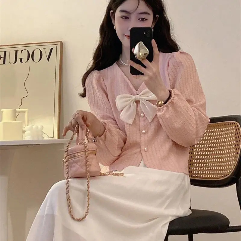 French Style Shirts Women V-neck Bow Long Sleeve Loose Solid Sweet Clothing Spring Autumn n Casual Commuting Fashion 240823