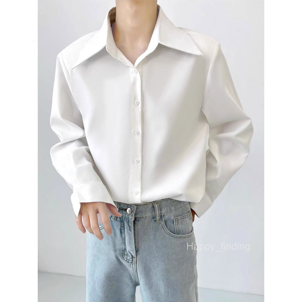 High End Design with Shoulder Pads Mens Autumn Drape Loose French Casual Versatile Long Sleeved Shirt