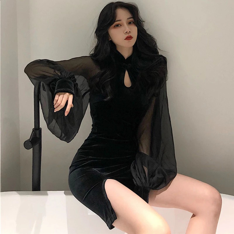 Autumn Womens Cheongsam Dress Side Split Lantern Sleeve Slim Fit Long Sleeves Dress Mandarin Collar Y2K 240823