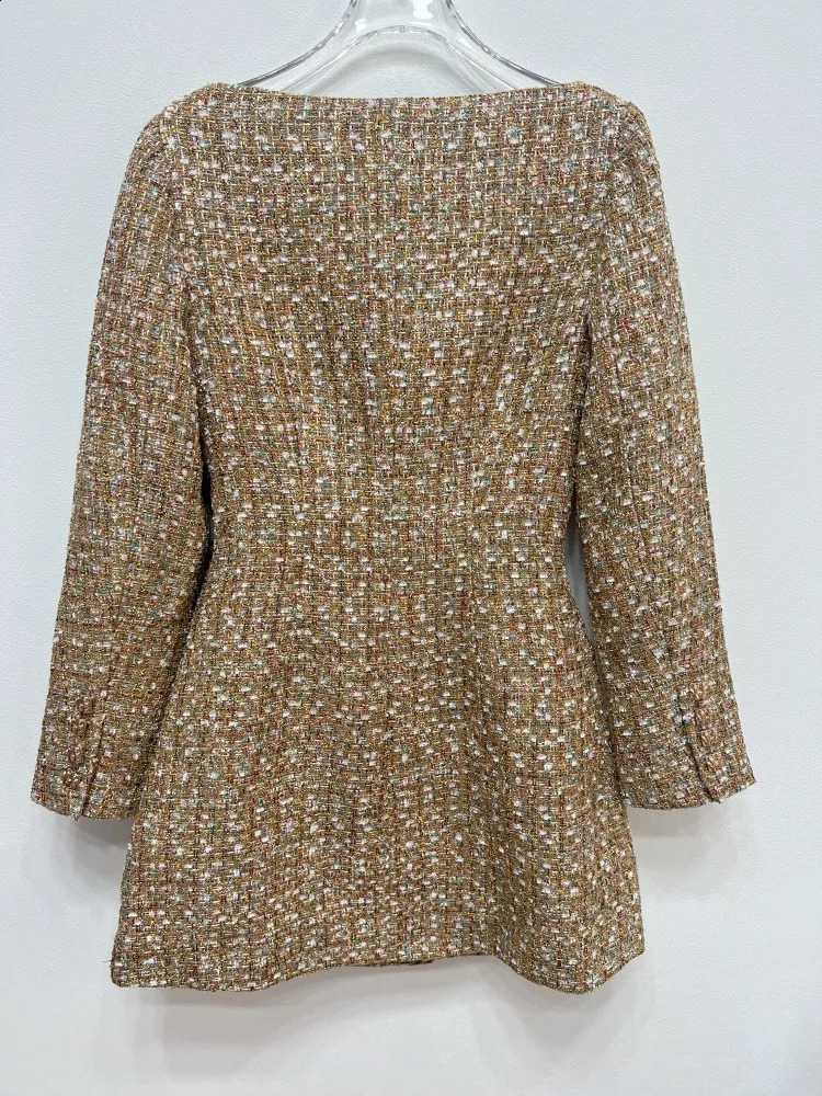Autumn Female Tweed Gold Buttons Elegant Long Sleeve Robes Womens Sexy Off-Shoulder Long Sleeve Mini Dress 240824