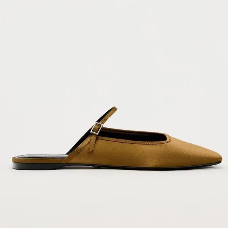 Summer Flat Shoes for Women 2024 Square Lace Breathable Satin Casual Strap Fashion Mule Shoes 240823