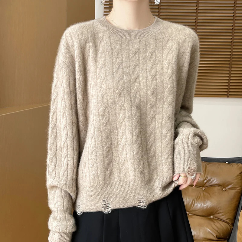 Womens pullover autumn/winter 100% wool sweater casual solid knitted sweater round neck loose Tops all-match distressed Blouse 240824