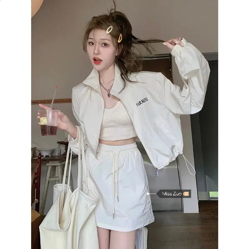 Drawstring Zipper Printed Loose Short Sunscreen Jacket Short Skirt Set Spring/Summer Fashion Two Piece Sets Women Outfits 240823