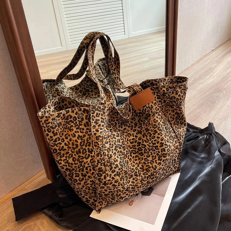 Oversized Leopard Prints Shoulder Bags For Women Deformable Canvas Large Capacity Shopping All Season y Handbags 240823