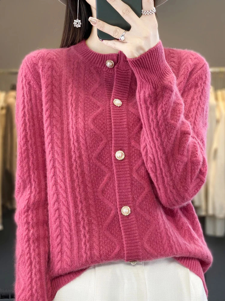 Autumn Winter Thick Sweater For Women 100% Merino Wool Cardigan O-Neck Long Sleeve Twist Flower Warm Cashmere Knitwear Tops 240824