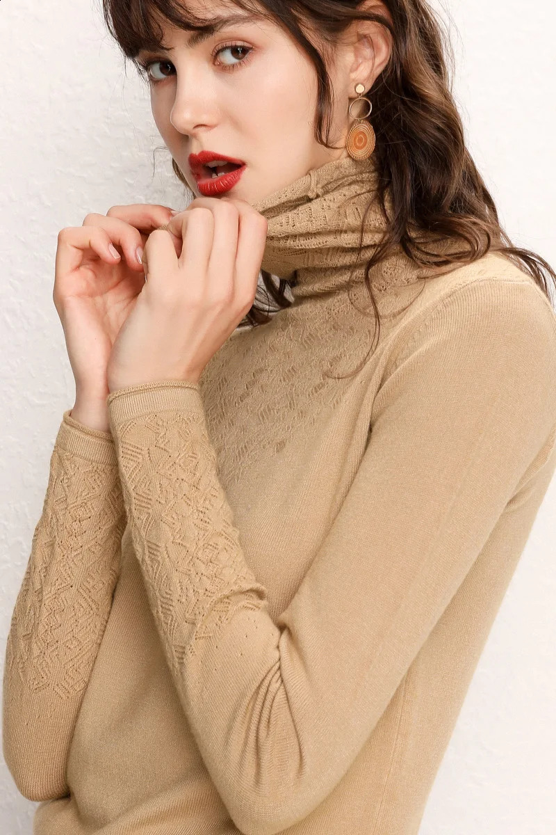 Women Merino Wool Sweater Pile Collar Pullover Cashmere Knitwear Solid Color Hollowed Jacquard Clothing Basic Spring Autumn Tops 240824