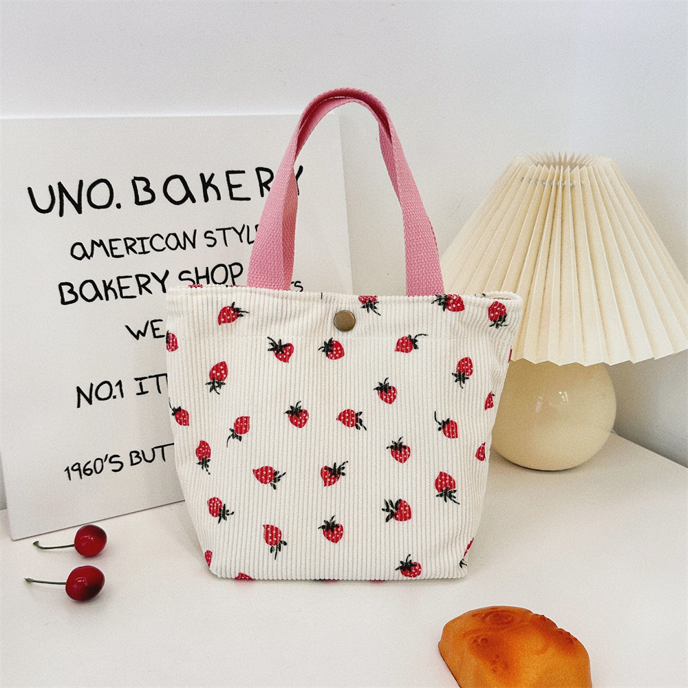 Fashionable corduroy strawberry printed large capacity casual shoulder bag
