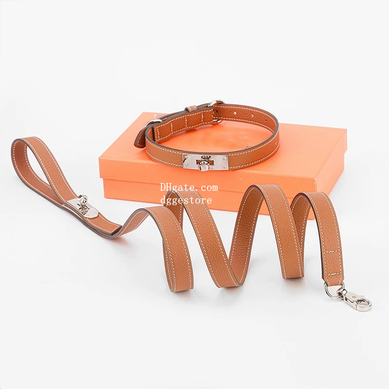 Designer Dog Collar and Leash set for Small Dog Adjustable Soft Breathable Leather Puppy Collar with Alloy Buckle Classic Pet Collar, M Brown B161