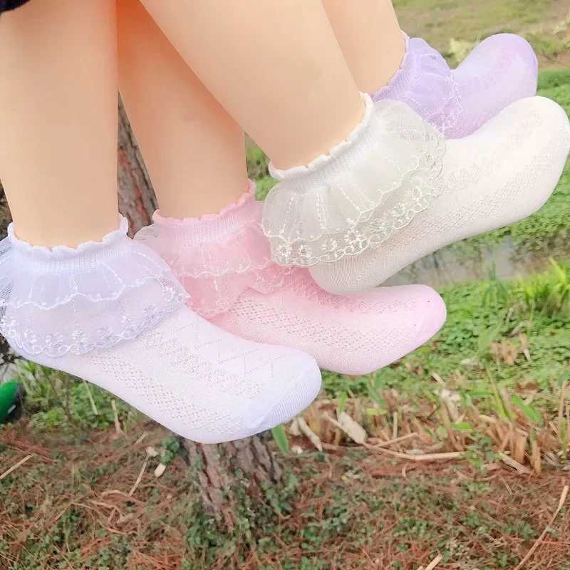 Spring Summer Breathable Cotton Lace Ruffle Princess Cute Thin Mesh Socks Children Ankle Short Sock Solid White Baby Girls Kids CL240824