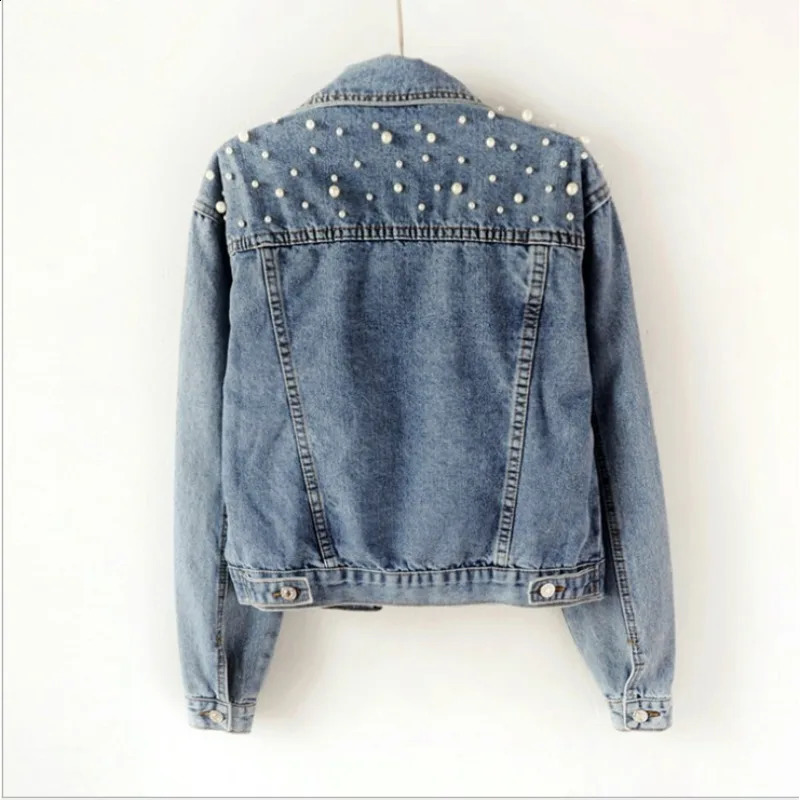 Womens Short Denim Jacket Beaded Pearl Jacket Loose Spring and Autumn Denim Jacket 240824
