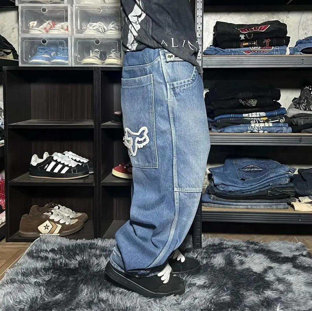 Streetwear Jeans Y2K Pants Hip Hop Embroidered Vintage Blue Baggy Jeans Mens Womens Fashion High Waisted Wide Leg Trousers 240823