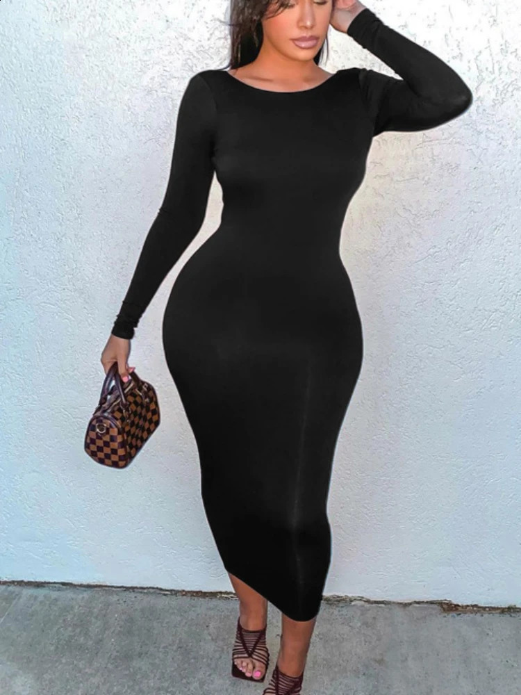 Sexy Back Deep Open Backless Slim Bodycon Maxi Dress Women Long Sleeves Skinny Long Dress Elegant Club Party Vestidos 240823