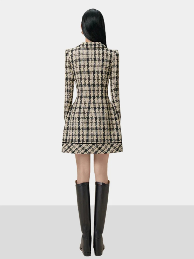 DEAT Womens Fashion Tweed Suit Dress Notched Collar Long Sleeve Single Breasted Plaid Elegant Coat Autumn 13DB1384 240824