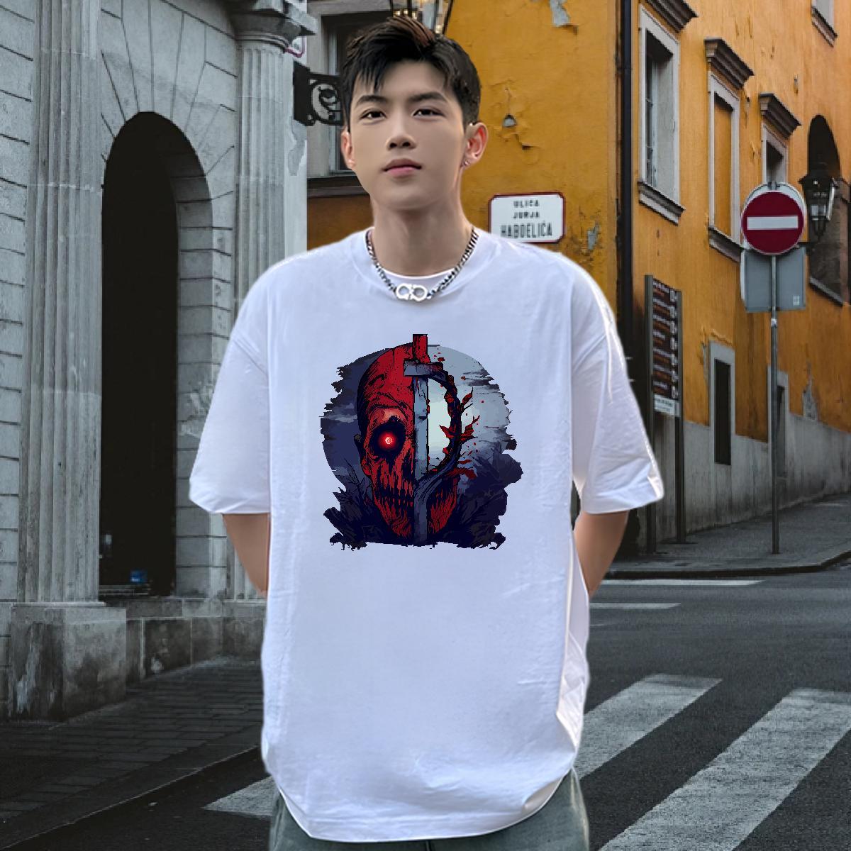 Brand T-Shirts 230g Cotton skull Casual White Plus Size Pure Cotton Men Tshirts Fashion Design Clothings