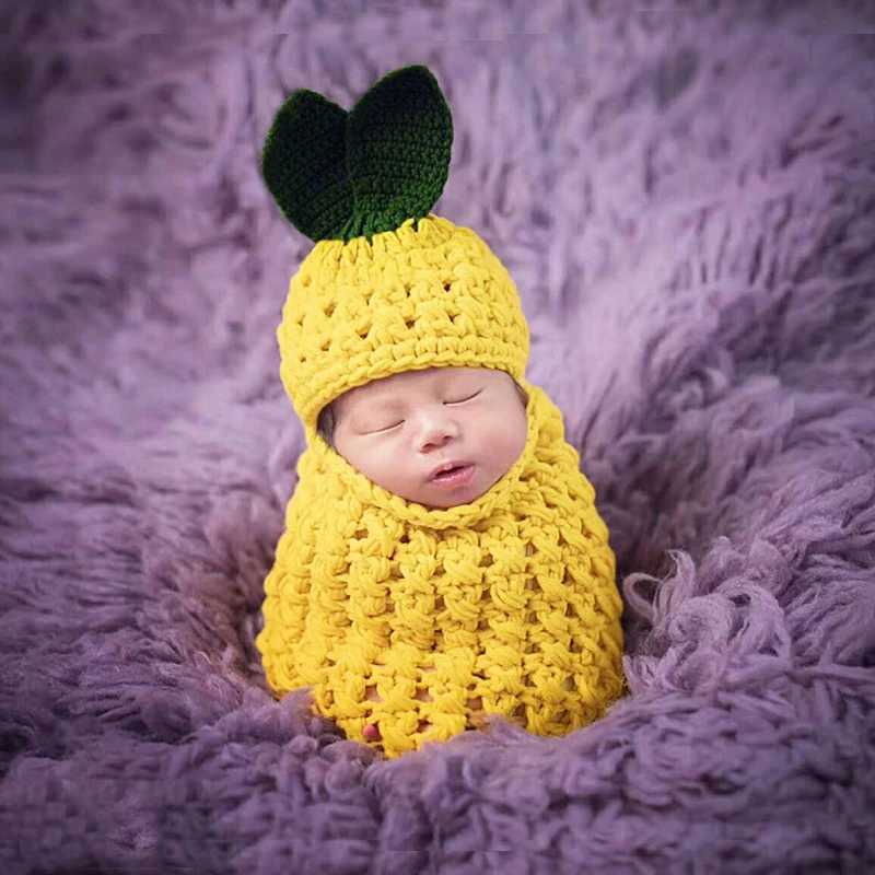 Baby Photography Props Pineapple Clothing Sets Newborn Boy Girl Photo Shoot Swaddle Outfit Crochet Sleeping Bag Hat Unisex M240824