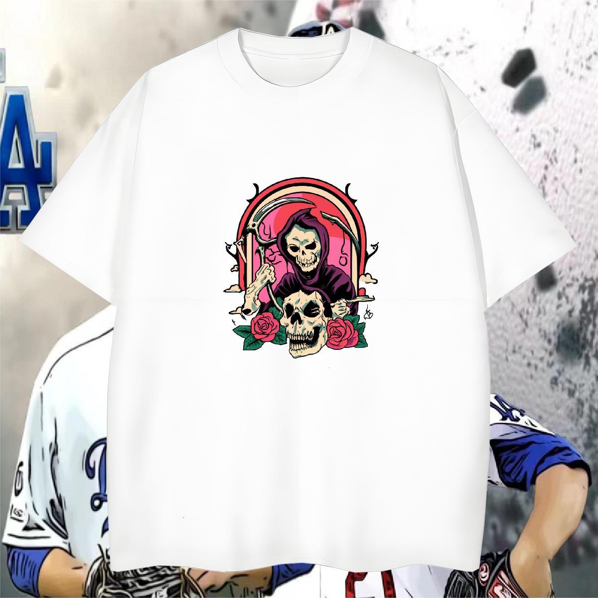 Designer T Shirts Men 230g Pure Cotton skull High Street Hip Hop DIY Printed O-Neck Short Sleeve Men Tshirts 2024 New Tee Shirt