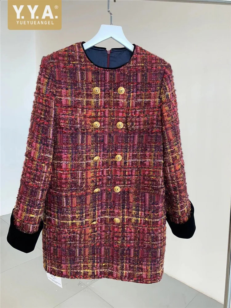 Office Ladies Tweed Dress Loose Fit Straight Long Sleeve Double Breasted O-Neck Spring Women Short Dresses Vintage Plaid Dress 240824