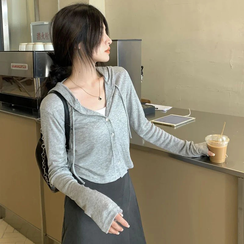 Gray Thin Hooded Knitted Cardigan Women Streetwear Single Breasted Y2K Crop Tops Woman Autumn Casual Long Sleeve Knitwear Coat 240824