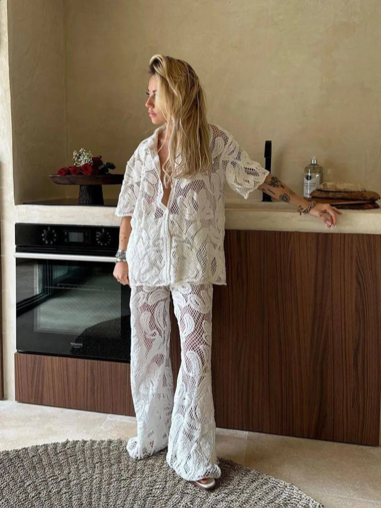 Fashion Knitted Hollow Out Shirt Pants Set Women Elegant Lapel Half Sleeve Top Straight Suit 2024 Lady Vacation Outfit 240819