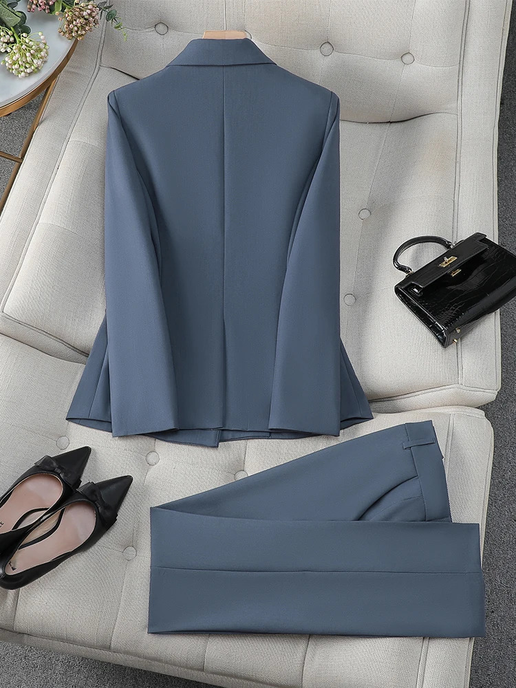 Fashion M8XL Office Womens Formal Pants Set Grey Purple Work Clothes 2piece Jacket and Trouser 240823