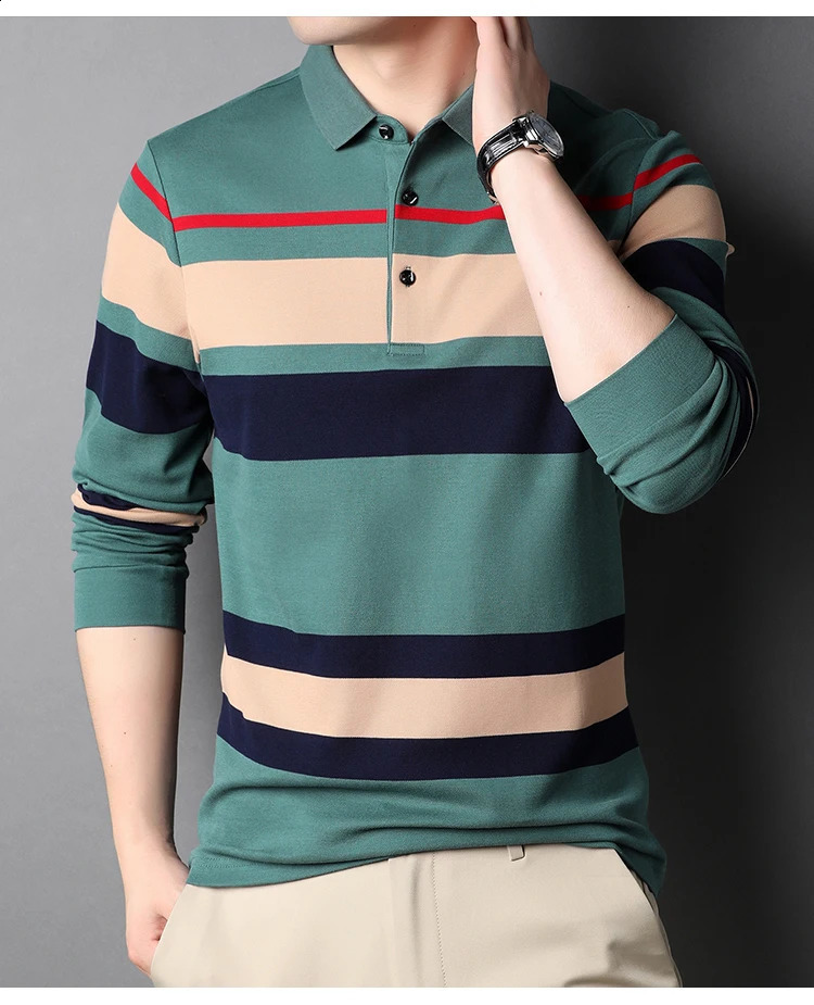 Long sleeved 100% pure cotton green mens polo shirt highquality spring and summer business casual striped top 3xl 240823