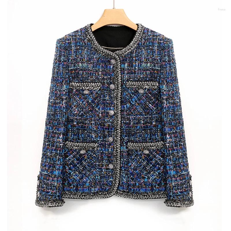 Women's Jackets Blue Tweed Jacket For Spring/autumn/winter Top Small Fragrant Style High-end Socialite Classic