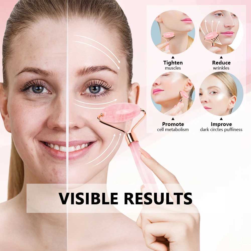Natural Rose Quartz Jade Roller Gua Sha Set Facial Body Massager Roller Jade Stone Massage Set Face Lifting Beauty Massage Tools CL240824