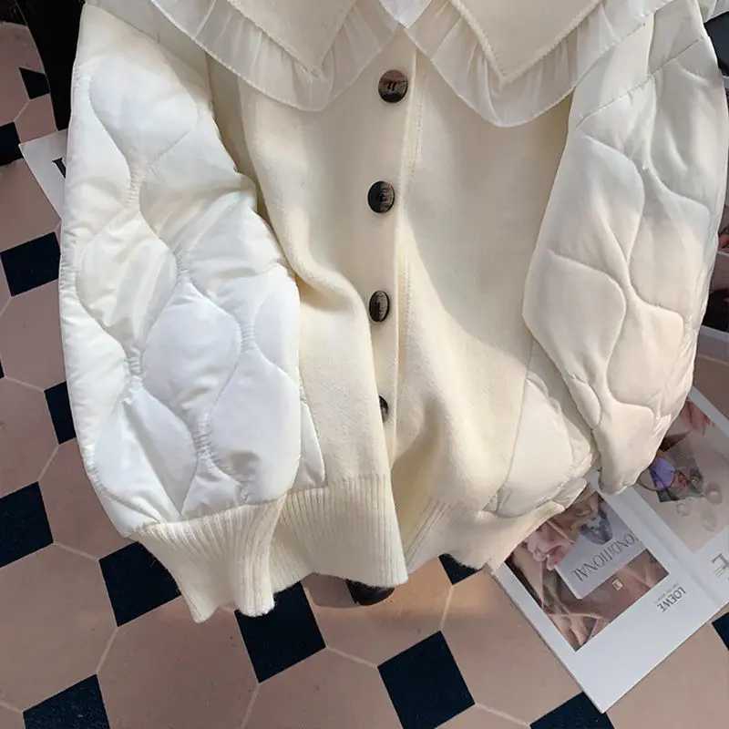 Women's Down Parkas KUSAHIKI Causal Peter Pan Collar Sweater Patchwork Winter Jacket Women Parka Coat Causal Long Slve 2023 New Cardigan Jackets 
