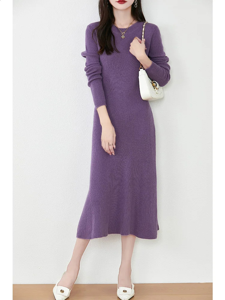 Womens Pure Wool Knitted Long Dress Round Neck Fishtail Skirt Slim Elegant Casual Fashionable Sweater Autumn/Winter 240824