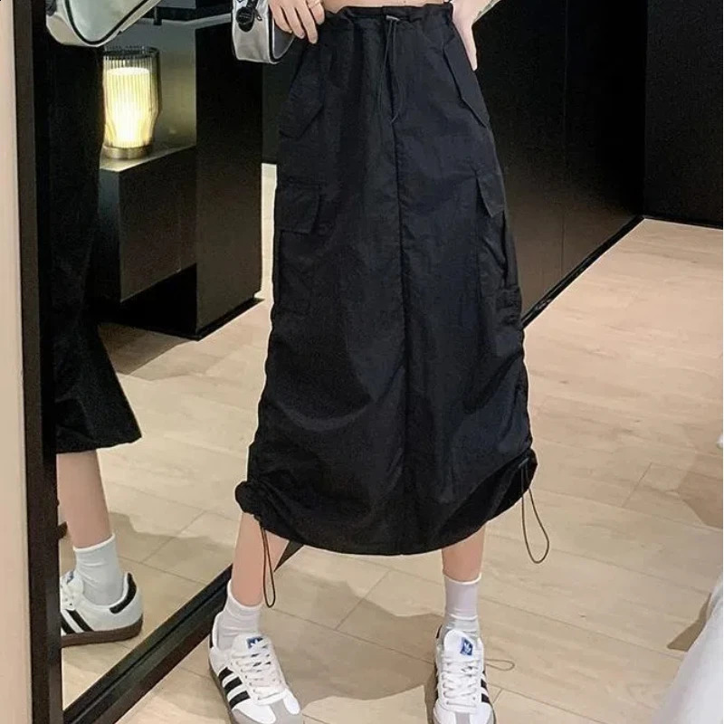 Casual Elastic Waist Straight Cargo Skirts for Long Skirts Spring Summer Drawstring Length Classic Versatile Mid-Length Skirt 240823