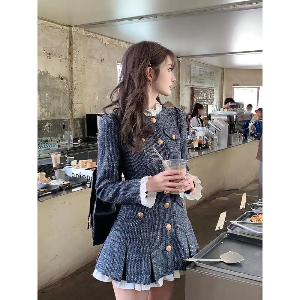 GkyocQ French Elegant Women Tweed Dress O Neck Long Sleeve Single Breasted Waist Slim A Line Short Dresses Female Vestidos 240824