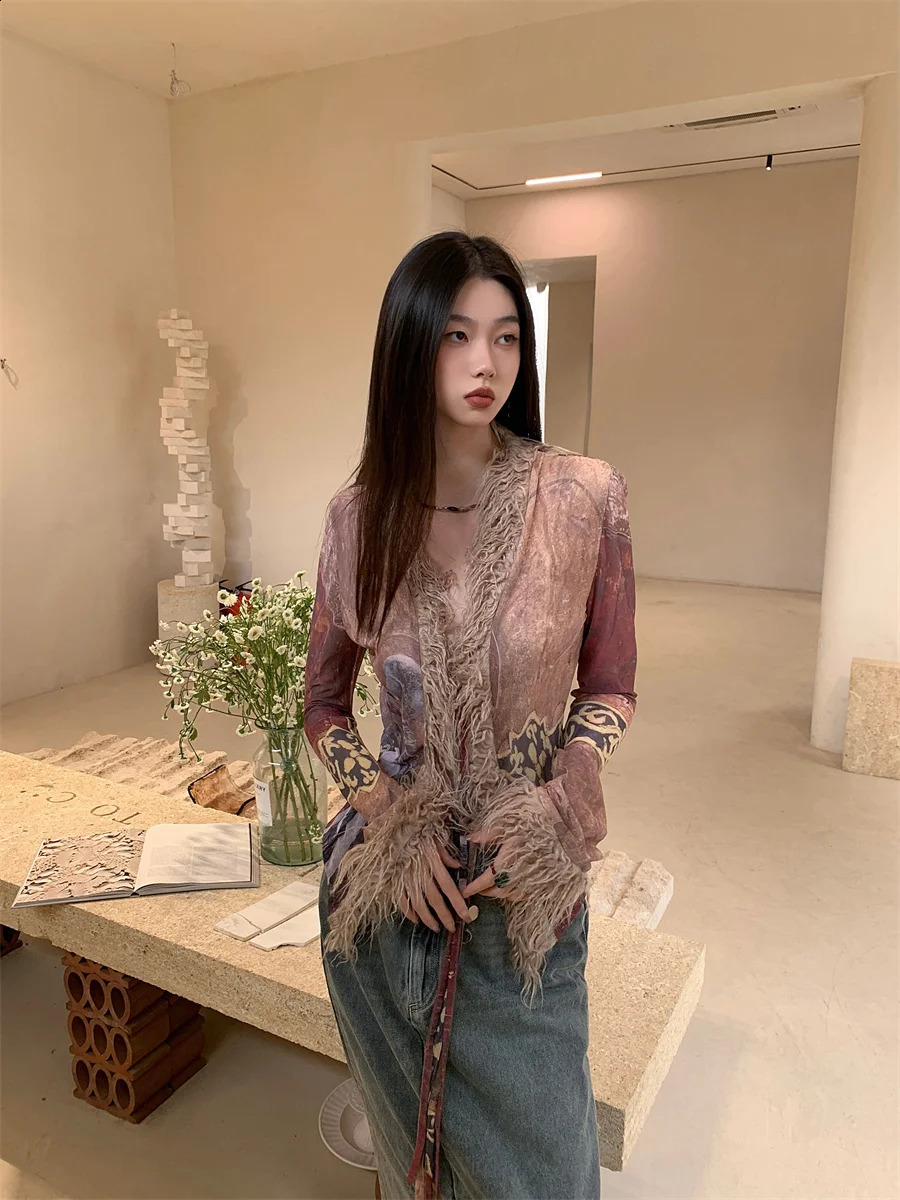 CHEERART Spring Fur Collar Open Fleece Jacket Womens Mesh Ethnic Vneck See Through ner Fashion 240824