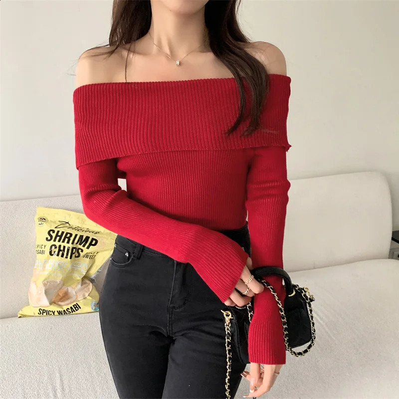 Elegant Fashion Off Shoulder Sweater Women Autumn Winter Long Sleeve Slash Neck Sexy Knitted Tops Pullovers Jumpers Pull Femme 240824