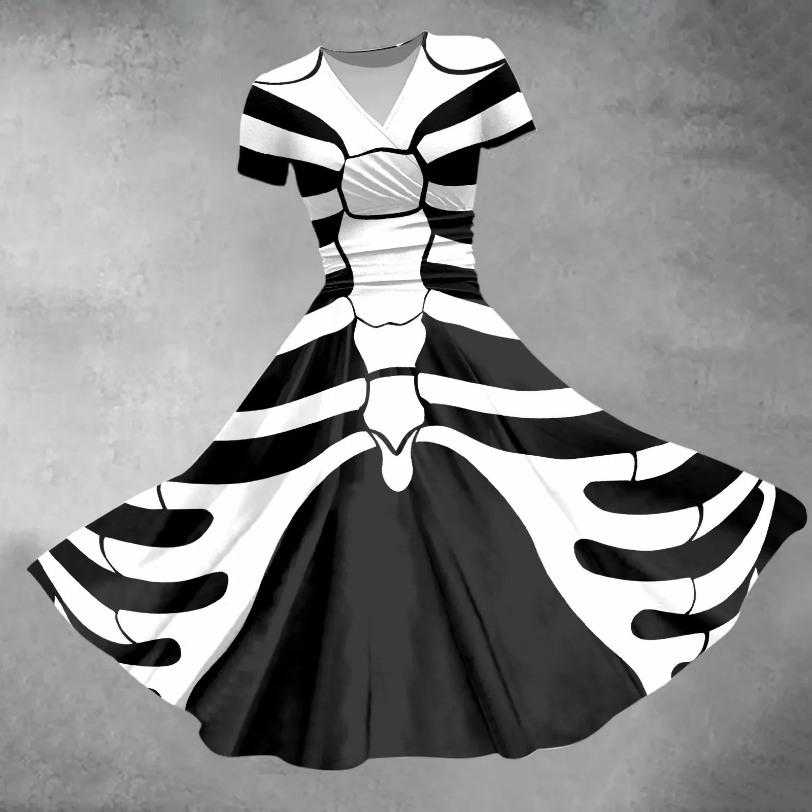 Womens Halloween dress with horror theme skull print Vneck unique short sleeved long skirt and large swing Aline costume w240824