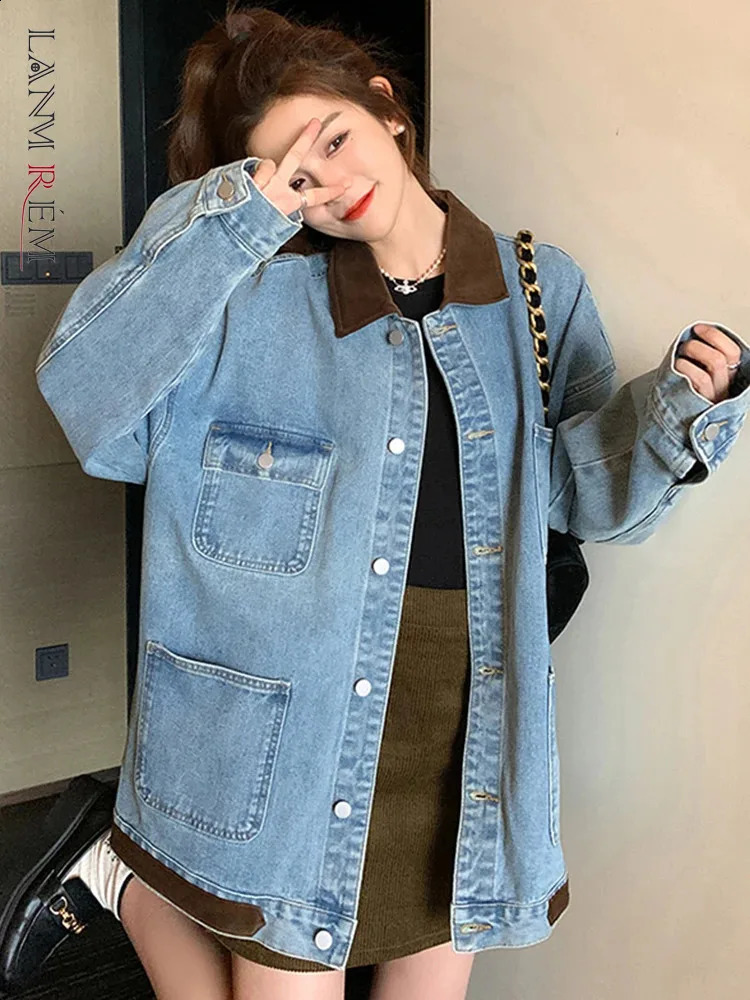LANMREM Patchwork Denim Jacket Women Lapel Single Breasted Loose Oversized Coats Female Fashion Clothing Spring 2DA3708 240823