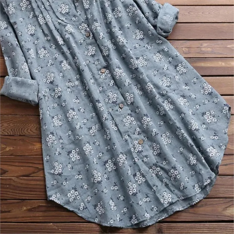 Elegant Long Shirt Cotton Linen Women Fashion Floral Print Loose Blouses And Tops Spring Autumn Full Sleeve Shirts Femme 240823