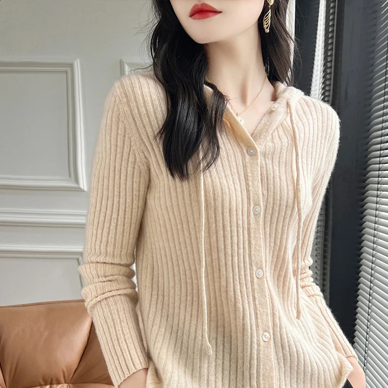 Womens Cardigan Autumn/Winter 100% Wool Sweater Casual Solid Knit Cardigan Hooded Collar Tops Ladies Clothes Slim Fit Blouse 240824