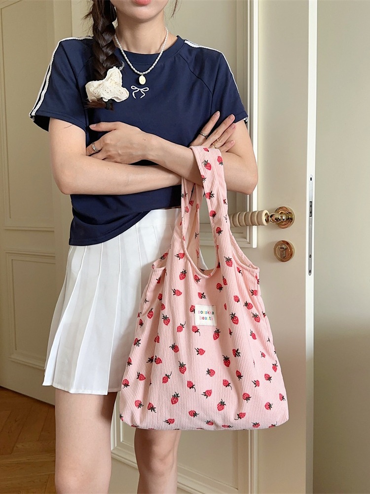 Fashionable corduroy strawberry printed large capacity casual shoulder bag