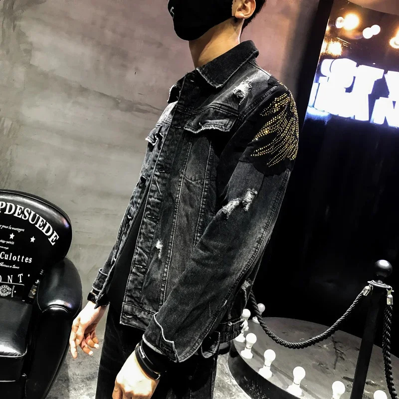 YASUGUOJI Punk Style Fashion Eagle Embroidered Patch Jean Jacket Men Denim Jackets Streetwear Slim Black Jacket Men 240824