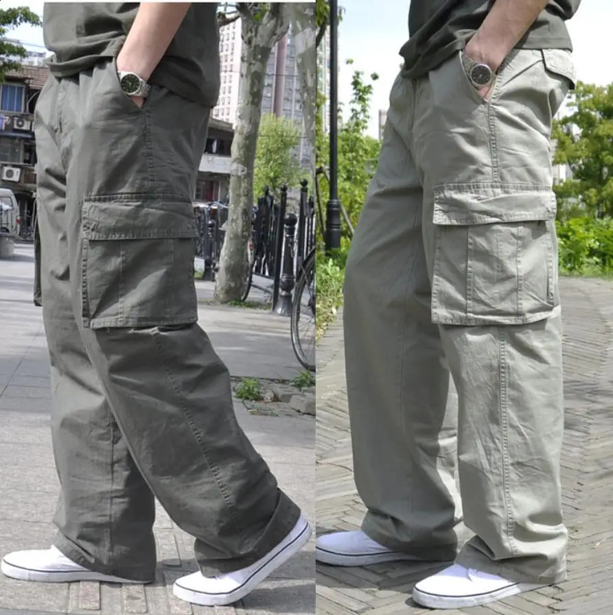130KG Large Summer Mens Cargo Pants Cotton Pocket Size 8XL 9XL Autumn Loose Military Green Casual w240824